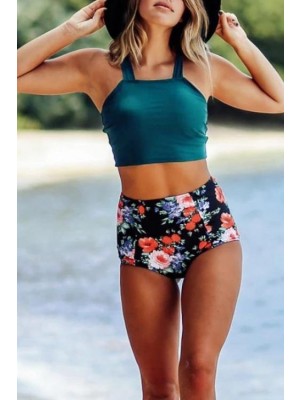Grün Blumen Hochhals Breiter Riemen Hohe Taille Zweiteiliges Bikini-set