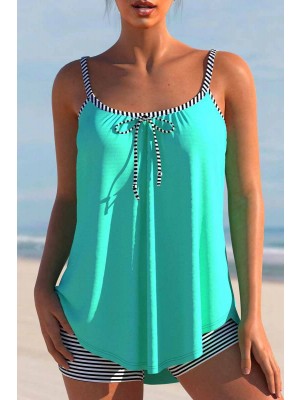 GESTREIFTES BOWKNOT CYAN SPAGHETTI-TANKINI-SET