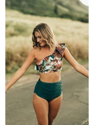 Bikini-set Mit Blumenrüsche Mit Hohem Taille Und Zweiteiligem