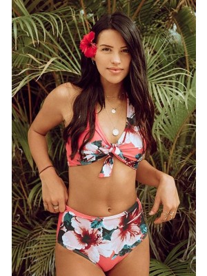 Rosa Blumen Kugelhalskrawatte Vorne Kreuz Rücken Hohe Taille Zweiteiliges Bikini Set