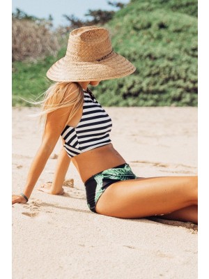 Active Schwarz-weiss Gestreifter Hochhals Breiter Riemen Hohe Taille Zweiteiliges Bikini-set
